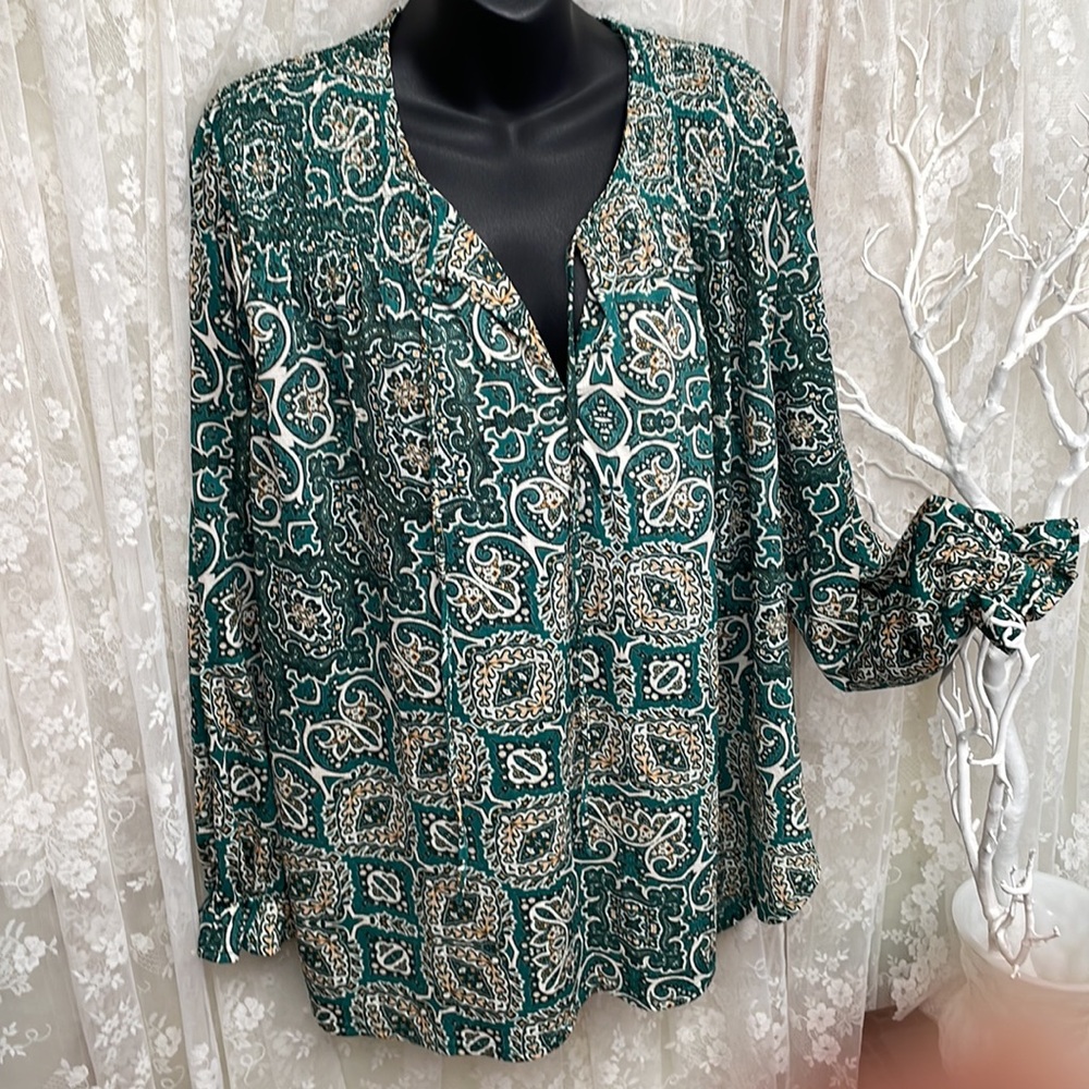 Green Patterned Blouse. Long Sleeves with Ruffled Cuffs, Tie V-Neck